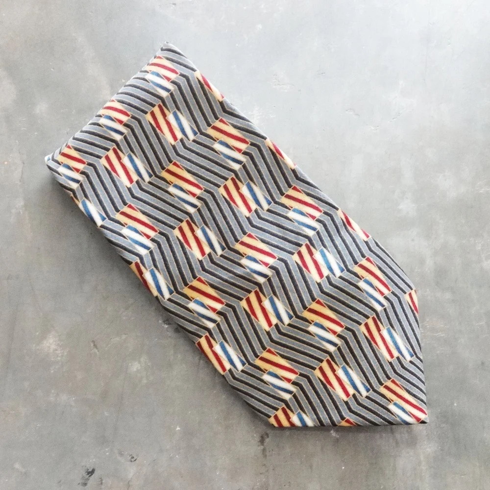 Bill Blass Black Label Silk Tie Black Red Yellow Blue Gold Grey Geometric Print